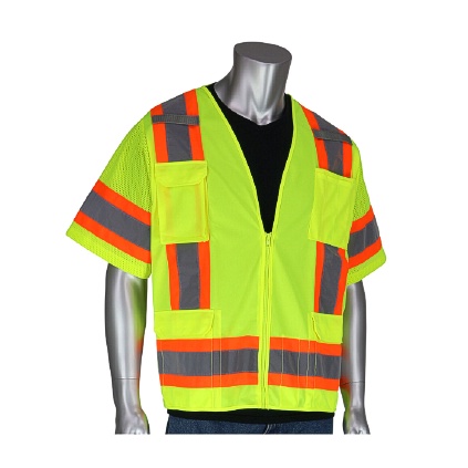 PIP 303-0500-LY/4X CLASS 3 SOLID/MESH VEST, ZIPPER, 6 POCKETS, MIC TAB, TWO TONE TAPE, LY