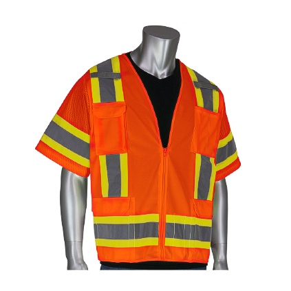 PIP 303-0500-OR/L CLASS 3 SOLID/MESH VEST, ZIPPER, 6 POCKETS, MIC TAB, TWO TONE TAPE, OR