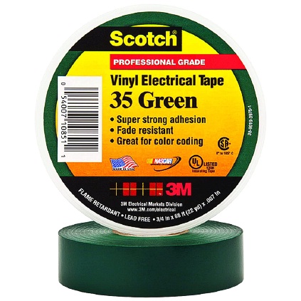3M 35 GREEN 7000006098 VINYL ELECTRICAL TAPE, 3/4 IN X 66 FT, 10 ROLLS/CARTON, 100 ROLLS/CASE