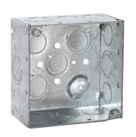 RACO 232 4" SQUARE BOX, 2-1/8" DEEP, 1/2" & 3/4" SIDE & BOTTOM KNOCKOUTS, WELDED 1750/skid