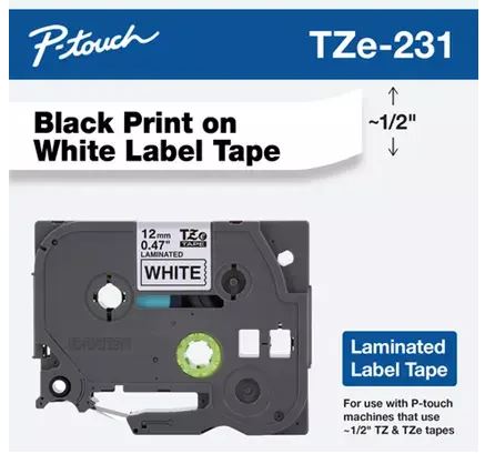BROT TZE231 0.47 IN X 26.2 FT (12MM X 8M), BLACK INK ON WHITE LABEL