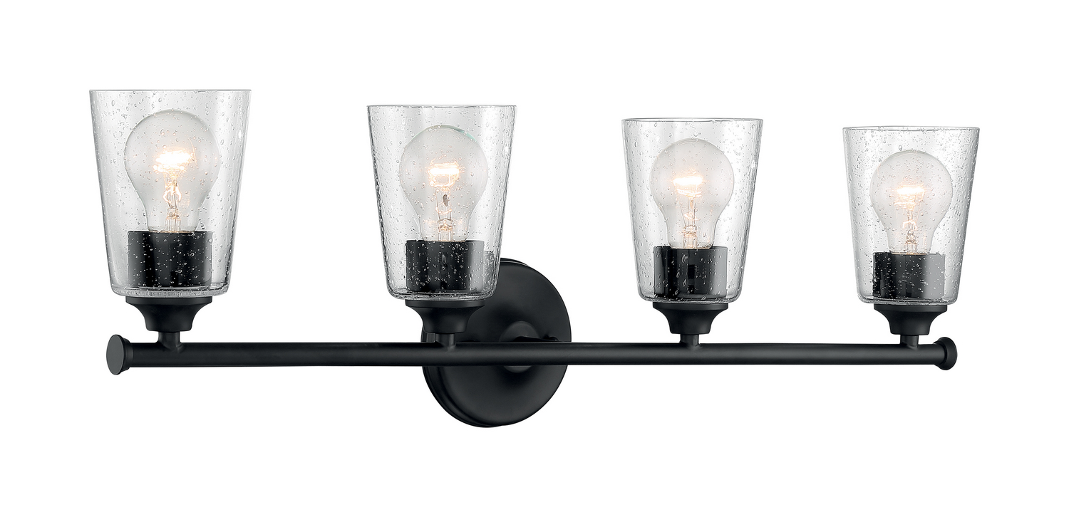 NUVO 60-7284 BRANSEL; 4 LIGHT; VANITY FIXTURE; MATTE BLACK FINISH WITH CLEAR SEEDED GLASS CLEAR SEEDED GLASS 4-60W/M