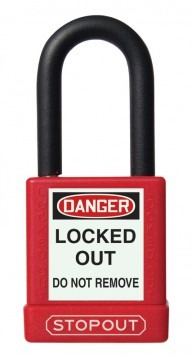 ACCUFORM KDL702RD STOPOUT PLASTIC BODY ALUMINUM PADLOCKS WITH DIELECTRIC POLY-WRAP STEEL SHACKLE