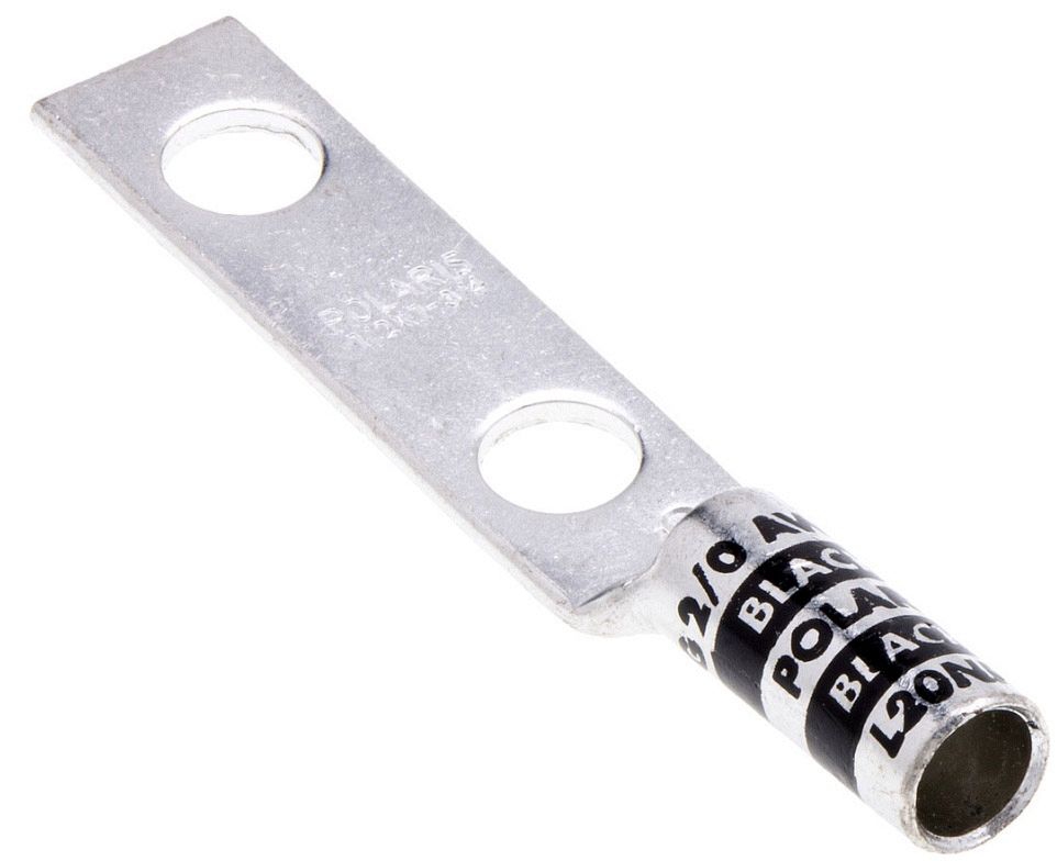 NSI L20NP #2/0 AWG MAX WIRE SIZE, 1/2 STUD SIZE, TIN-PLATED LONG BARREL COPPER COMPRESSION LUG WITH PEEP HOLE, TWO MOUNTING HOLES WITH NEMA 1 3/4 INCH SPACING