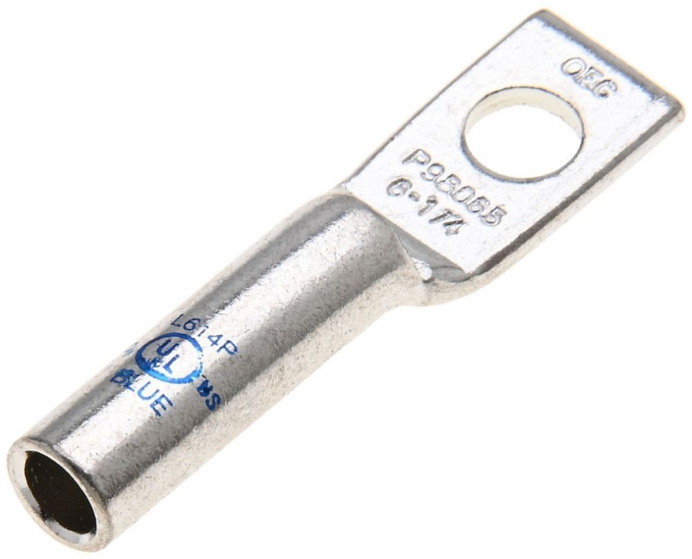 NSI L614P #6 AWG MAX WIRE SIZE, 1/4 STUD SIZE, TIN-PLATED LONG BARREL COPPER COMPRESSION LUG WITH PEEP HOLE, SINGLE MOUNTING HOLE
