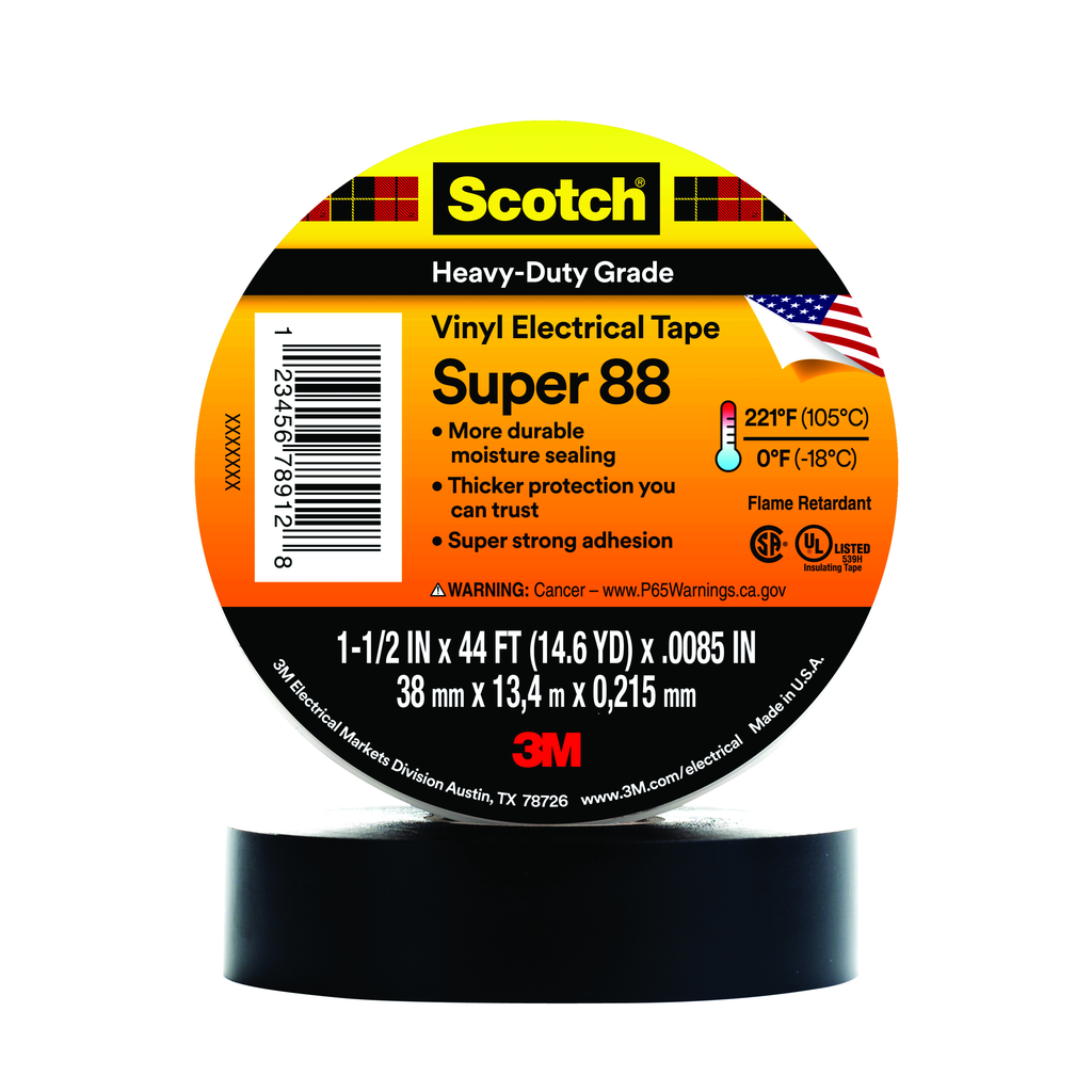 3M 7000058433 SUPER 88 VINYL EXTRA WIDE 1-1/2" ELECTRICAL TAPE, 1-1/2 IN X 44 FT, BLACK, 10 ROLLS/CARTON, 100 ROLLS/CASE