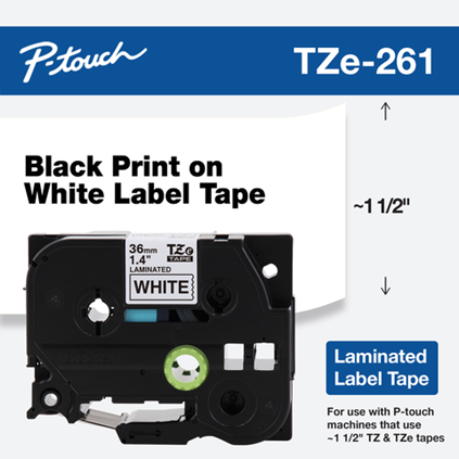 BROT TZE261 1.4 IN X 26.2 FT (36MM X 8M), 11/2" BLACK INK ON WHITE LABEL